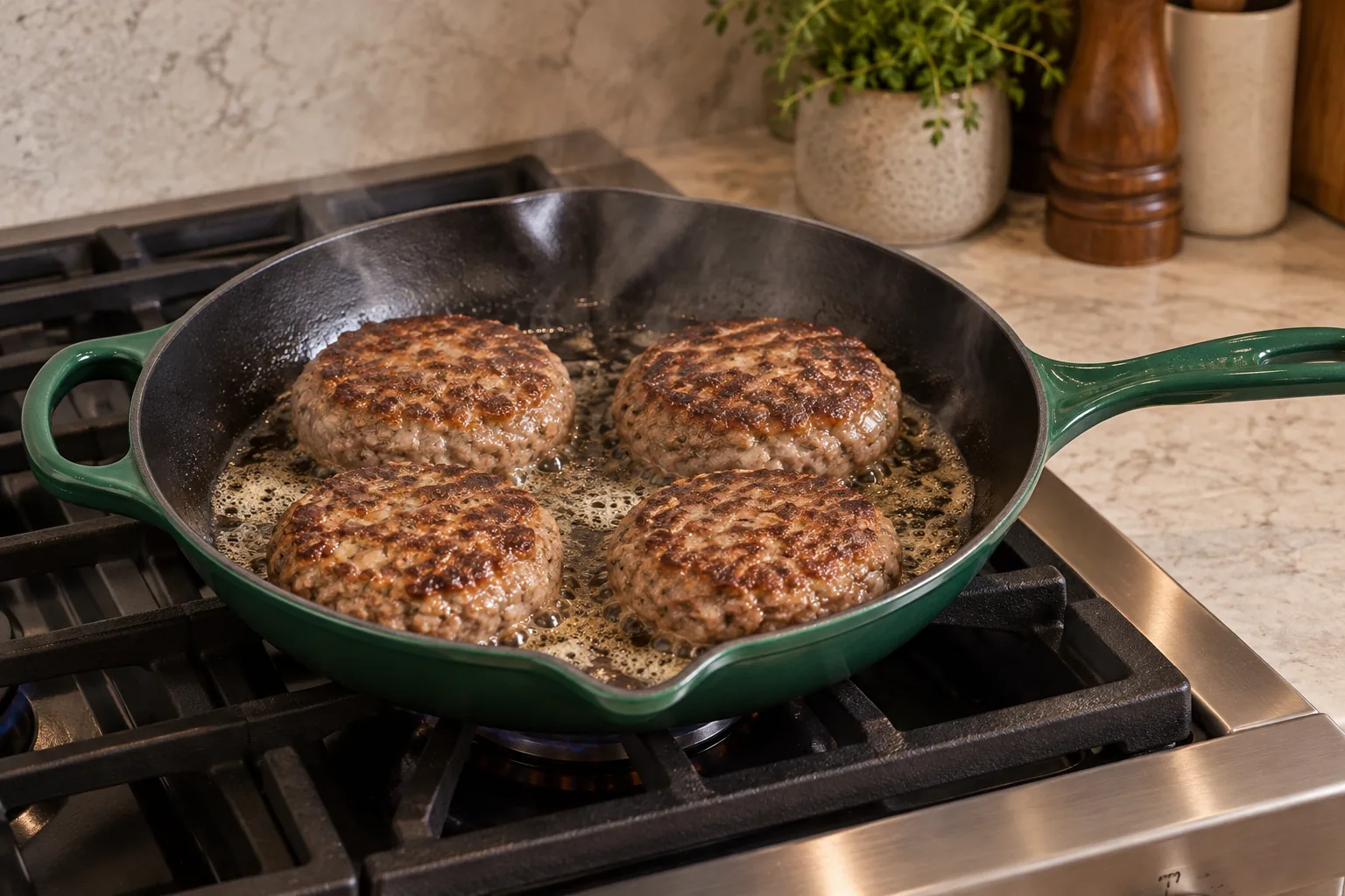 Four meatloaf burgers cooking in the exact Artichaut skillet
