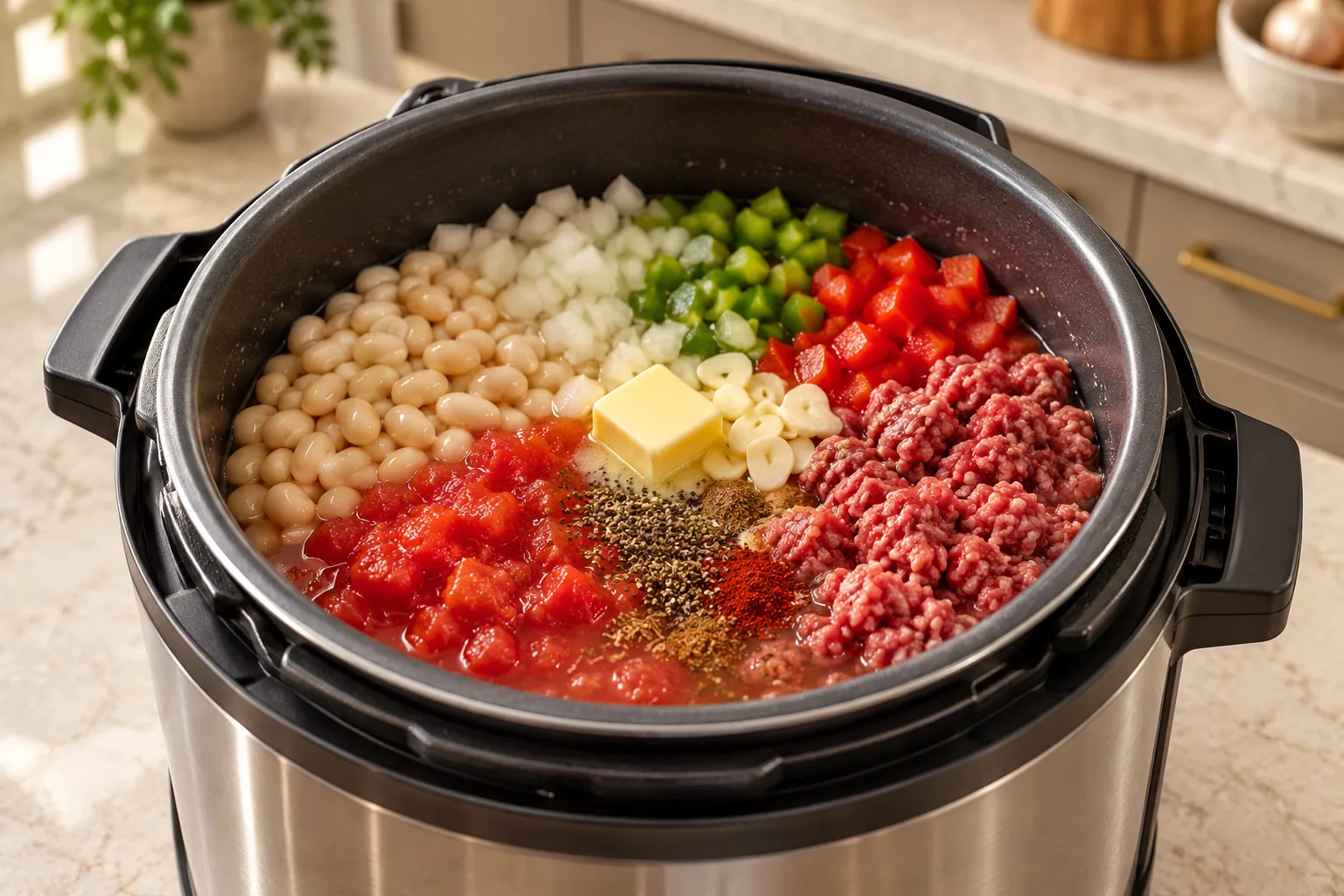 Prepared beans vegetables beef meat stock and spices loaded into the Ninja Foodi FD401
