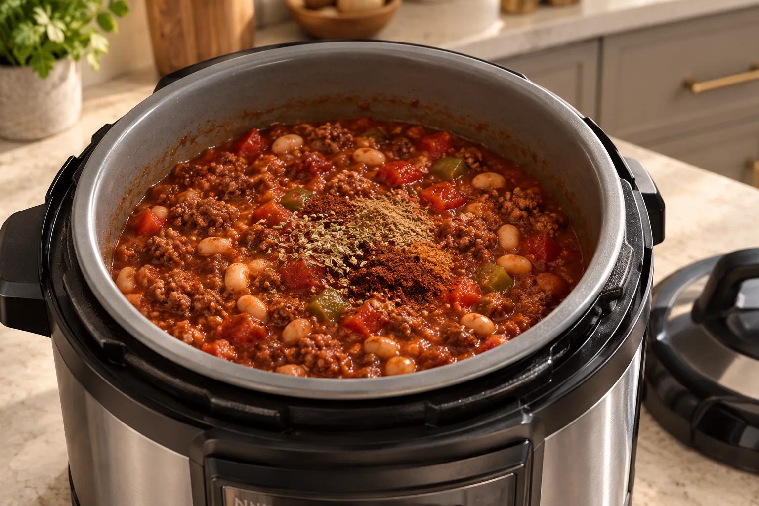 Thick cooked white navy bean beef chili with reserved spices before stirring