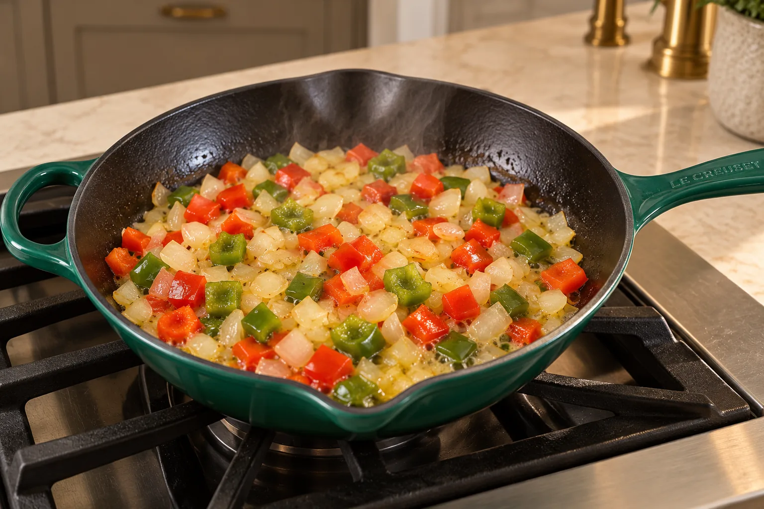 Onion and mixed bell peppers softening in the exact Artichaut skillet