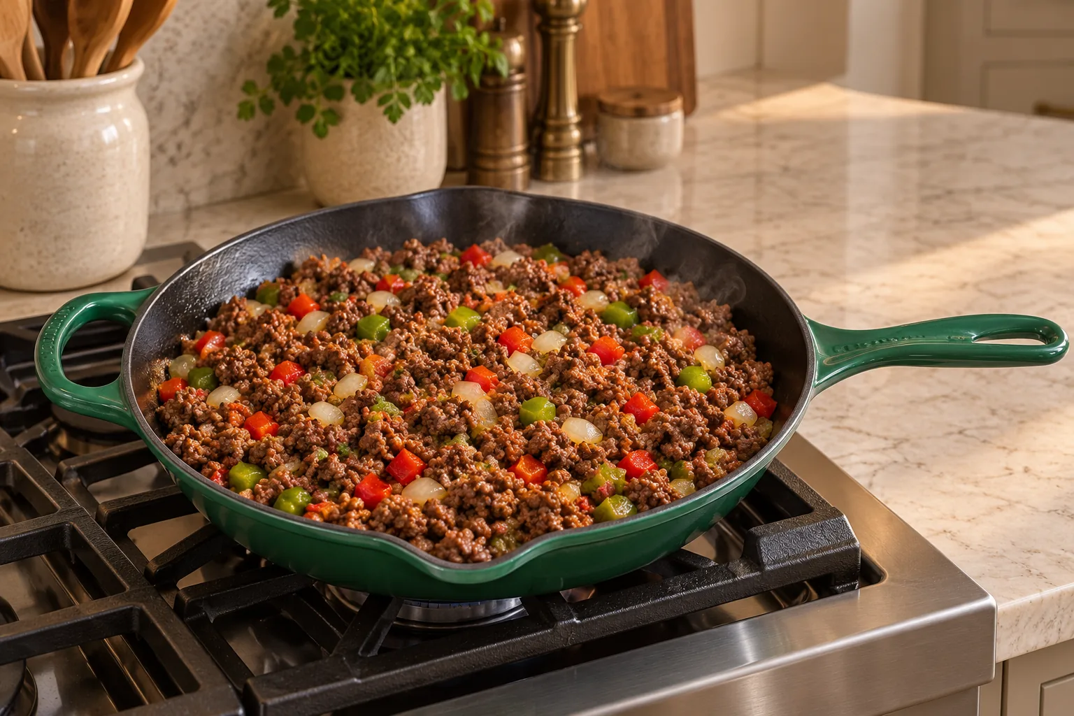 Three pounds ground beef browned with peppers and onion in the Artichaut skillet
