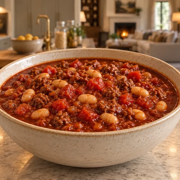 Sprouted navy bean beef chili for Full GAPS in a cream bowl