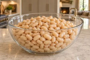 Fully prepared cooked tender and drained white navy beans in a glass bowl