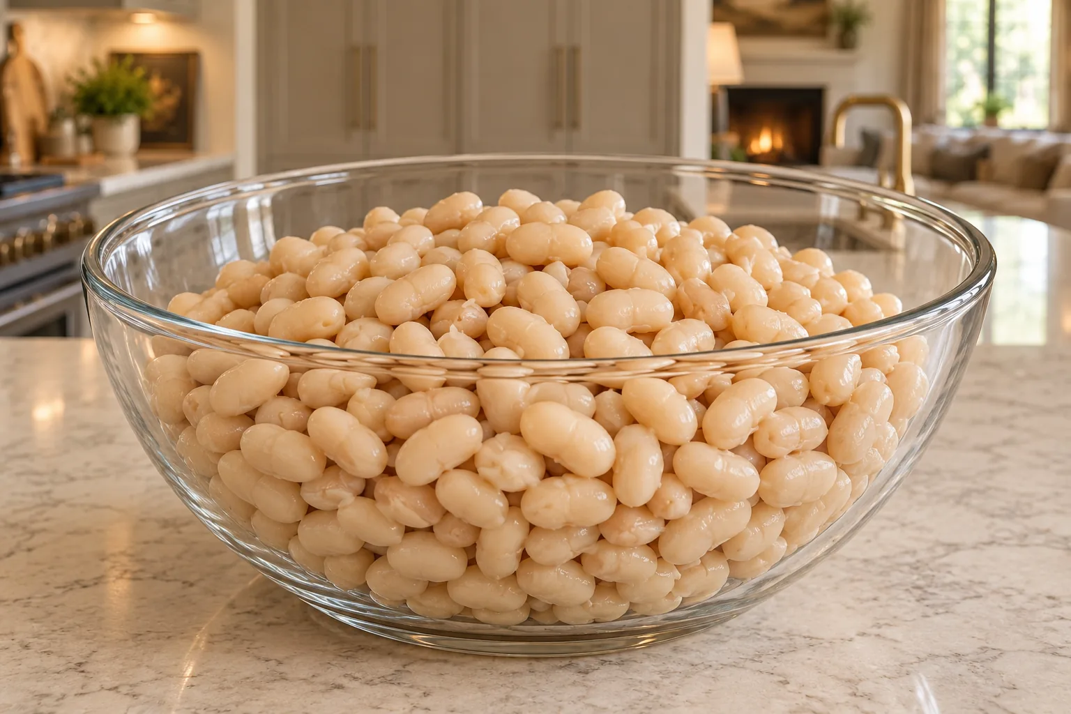 Fully prepared cooked tender and drained white navy beans in a glass bowl