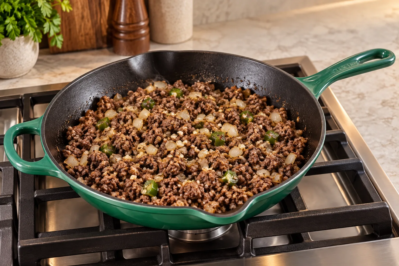 Ground beef onion garlic and jalapeño browned in the exact Artichaut skillet