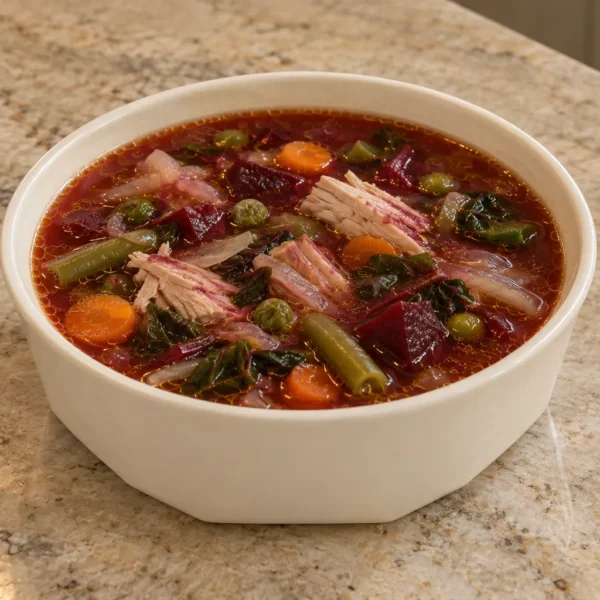 Turkey vegetable soup with meat stock for Full GAPS, beet-red broth and moist chopped turkey in a shallow bowl
