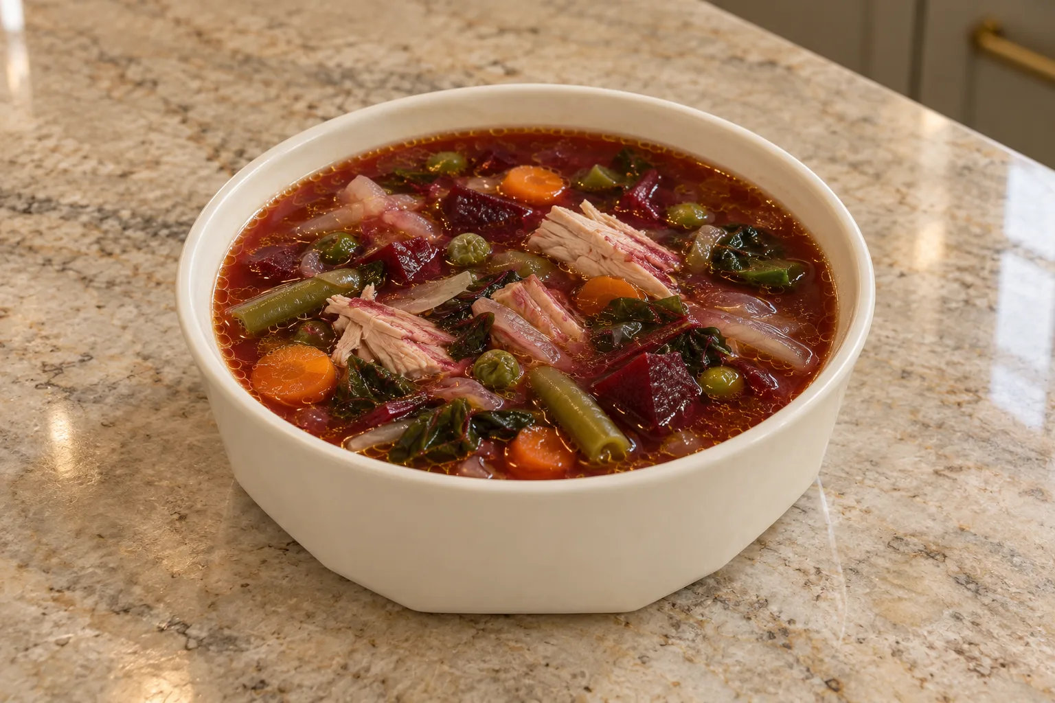 Turkey vegetable soup with meat stock for Full GAPS, beet-red broth and moist chopped turkey in a shallow bowl