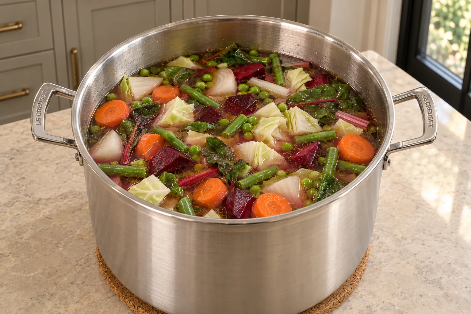 Uncooked beet chunks, beet tops, carrots, peas, green beans, cabbage and Swiss chard in chicken meat stock before simmering
