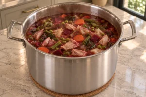 Finished Full GAPS turkey vegetable soup with softened greens and moist turkey in a Le Creuset stainless stockpot