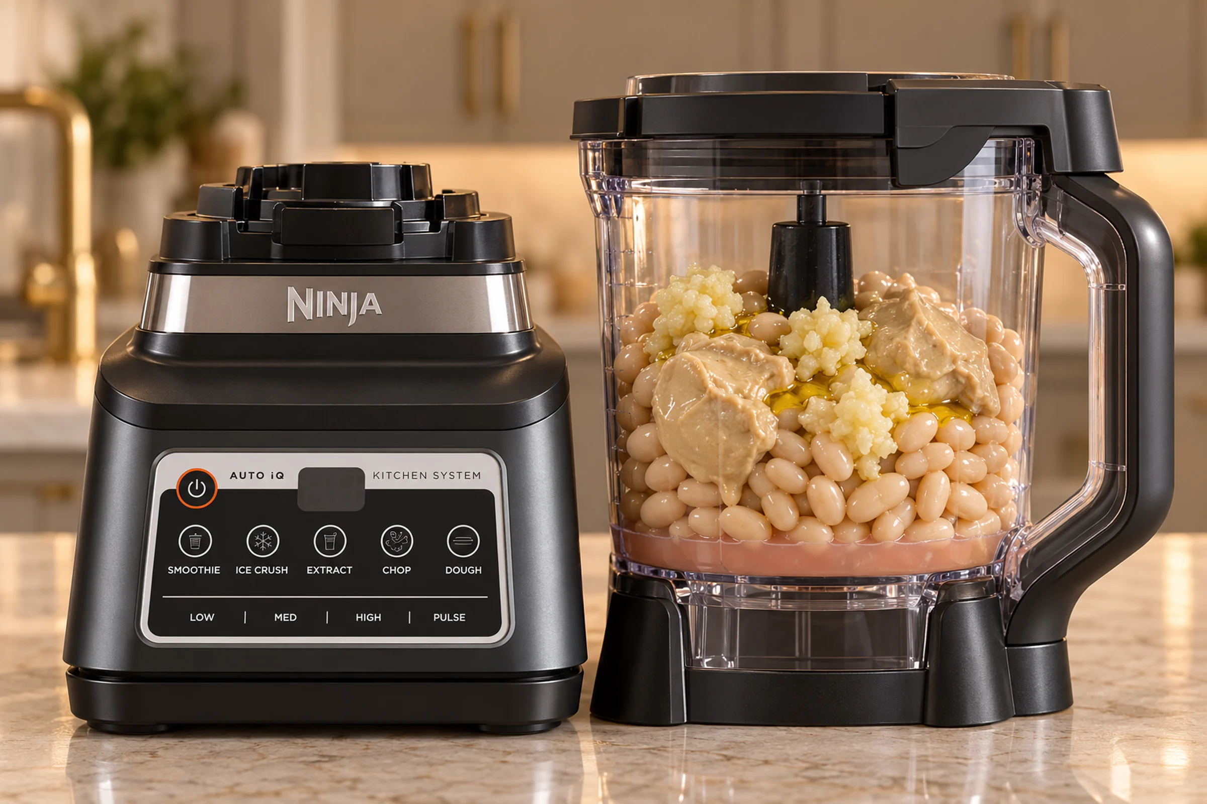 Prepared navy beans, tahini, grapefruit, crushed garlic, and olive oil in the Ninja BN801