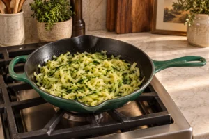 Shredded zucchini cooking until translucent in the exact Artichaut skillet