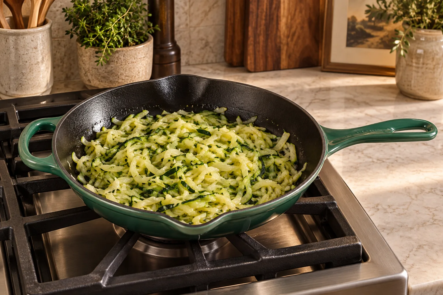 Shredded zucchini cooking until translucent in the exact Artichaut skillet