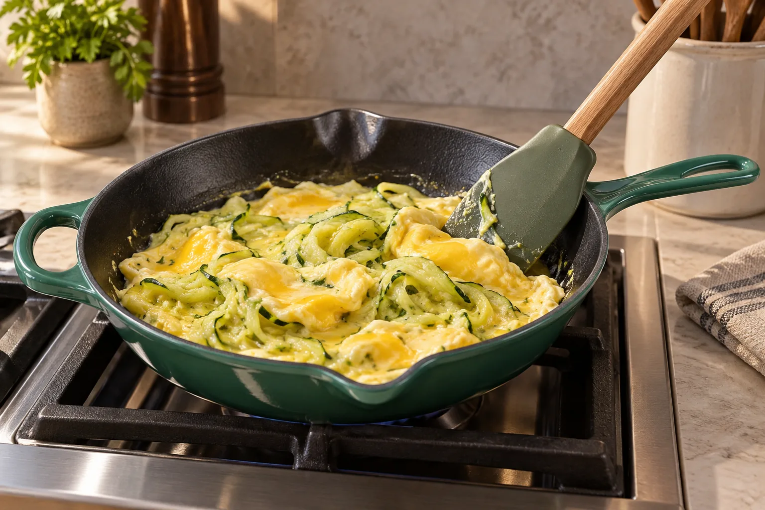 Two eggs forming moist curds around zucchini in the Artichaut skillet