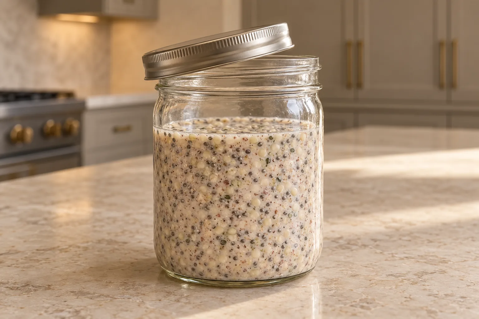 Freshly mixed hemp and chia porridge in a glass jar with the lid resting loosely on the rim