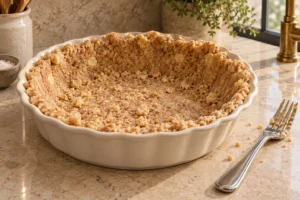 Crumbly fermented almond-flour crust pressed into a deep pie plate for later Full GAPS