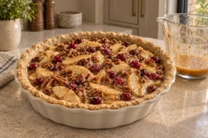 Unbaked apple cranberry pecan pie coated with honey spice custard for later Full GAPS