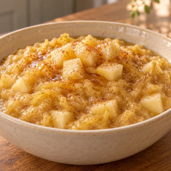 Full GAPS apple spaghetti squash breakfast porridge with peeled apple, cinnamon, and raw honey
