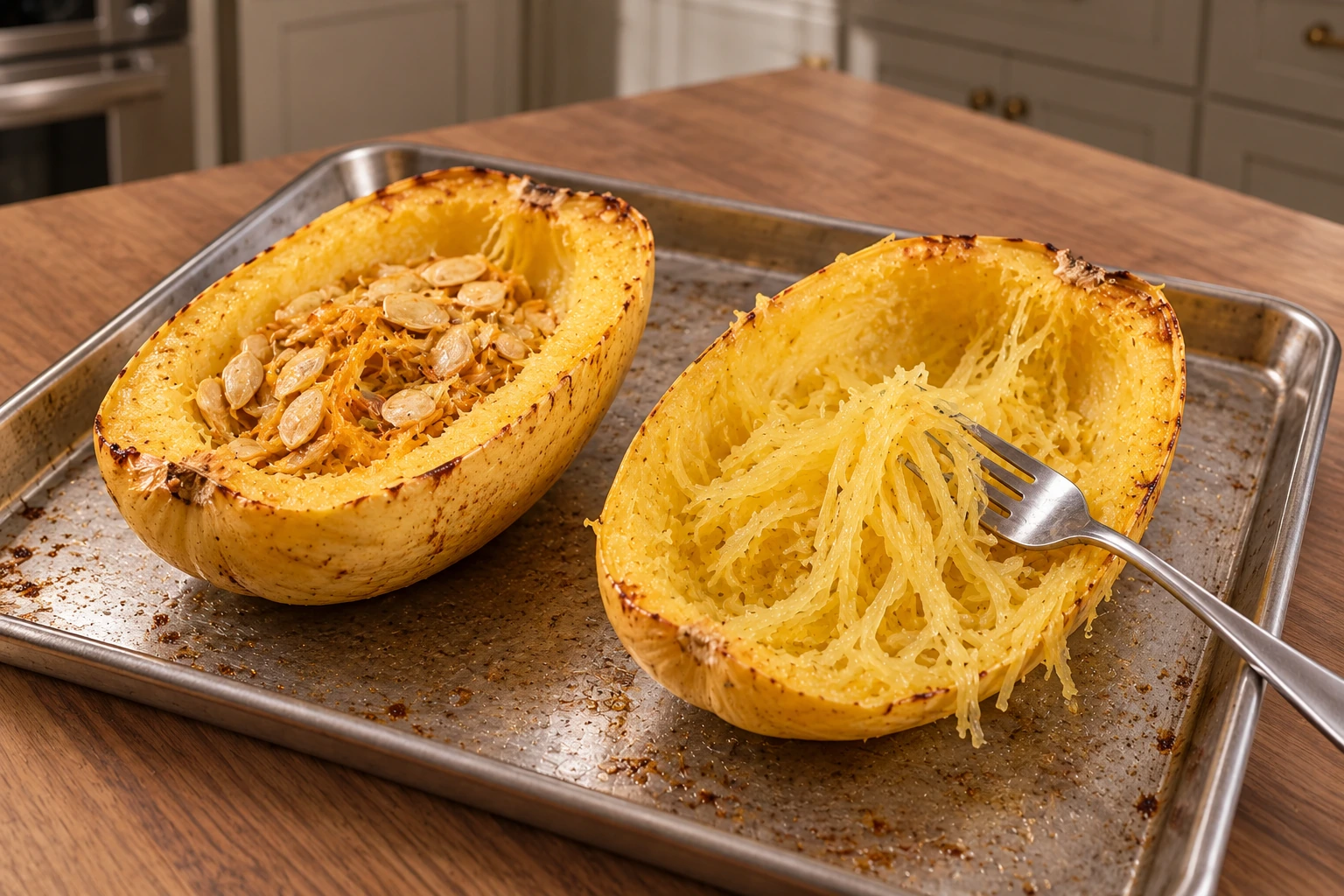 Tender baked spaghetti squash separating easily into strands on a stainless sheet pan