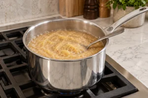 Apple spaghetti squash porridge thickening at a gentle simmer in a stainless saucepan