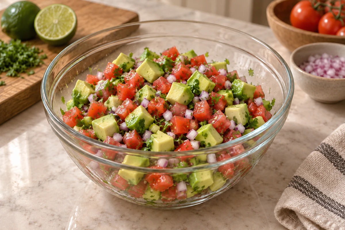 Tomato avocado pico gently mixed with intact avocado cubes