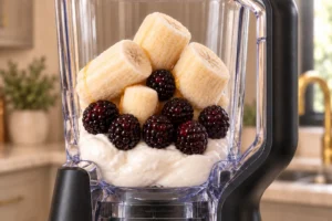 Exact BN801 pitcher loaded with frozen ripe banana, eight blackberries, vanilla and coconut cream