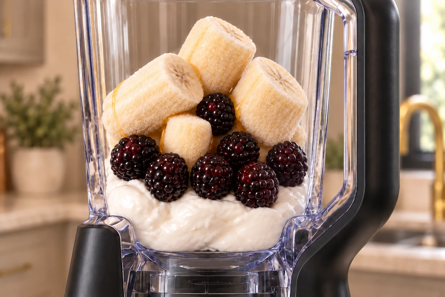BN801 pitcher loaded with frozen ripe banana, eight blackberries, vanilla and coconut cream