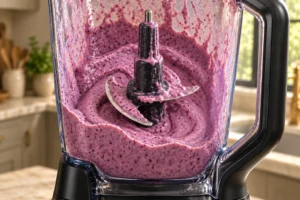 Thick pale-purple banana blackberry shake coating the used BN801 pitcher, blade and shaft