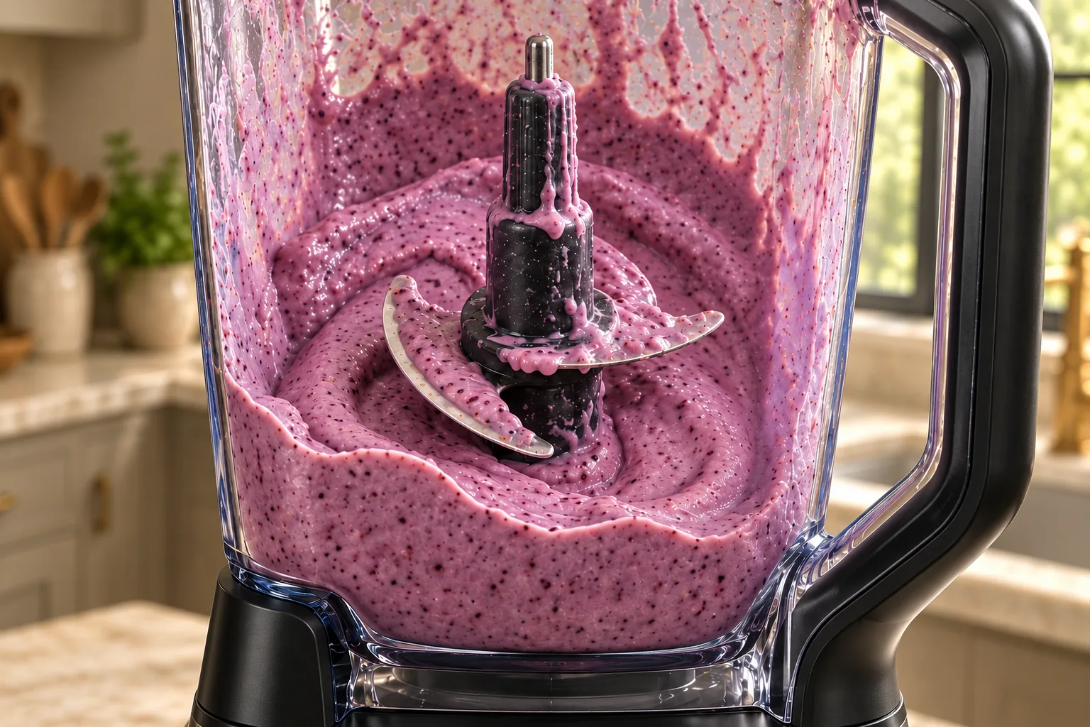 Thick pale-purple banana blackberry shake coating the used BN801 pitcher and blades
