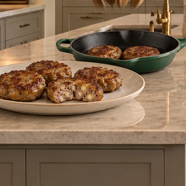 Beef and apple breakfast sausage patties for Full GAPS with a cut patty showing fine apple