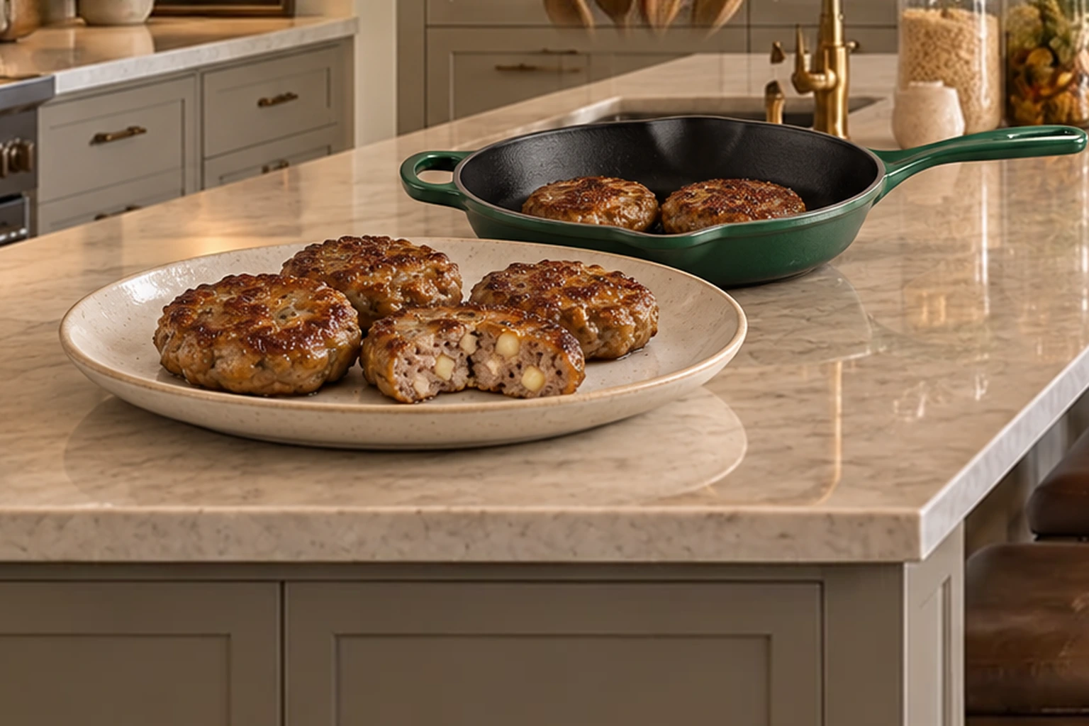 Beef and apple breakfast sausage patties for Full GAPS with a cut patty showing fine apple