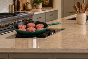 Six raw beef and apple patties arranged in a cold Artichaut skillet