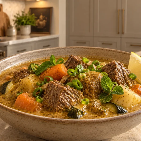 GAPS beef curry stew with tender beef, carrots, turnips, zucchini, mint, green onion tops, and lemon