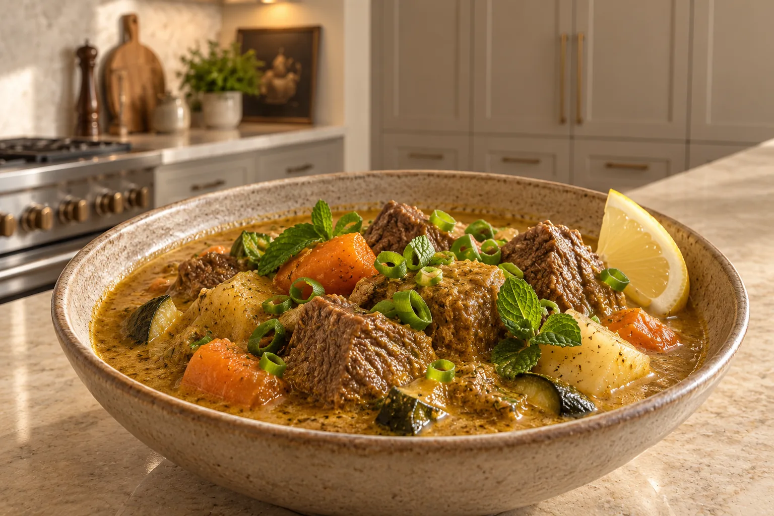 GAPS beef curry stew with tender beef, carrots, turnips, zucchini, mint, green onion tops, and lemon