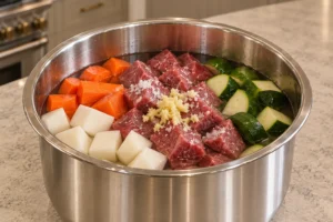 Beef, carrots, turnips, zucchini, ginger, water, and natural salt layered in a stainless pressure-cooker insert