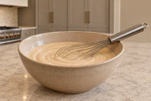 Smooth homemade coconut cream and pure tamarind mixture with a resting stainless whisk