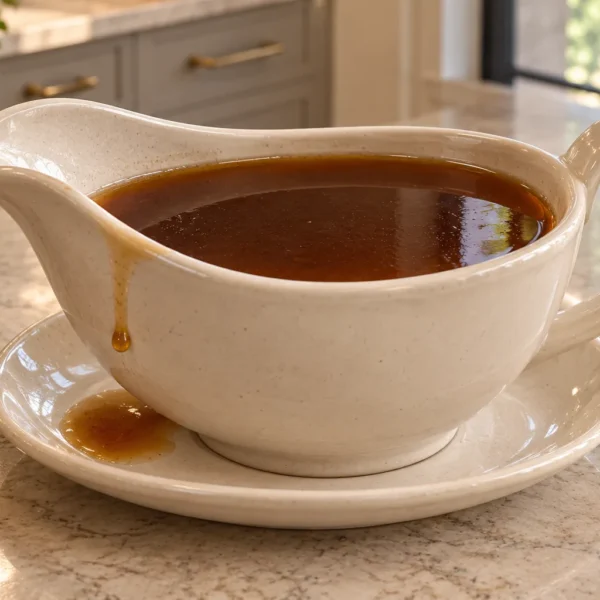 Clear glossy beef pan jus for Full GAPS in a cream ceramic gravy boat