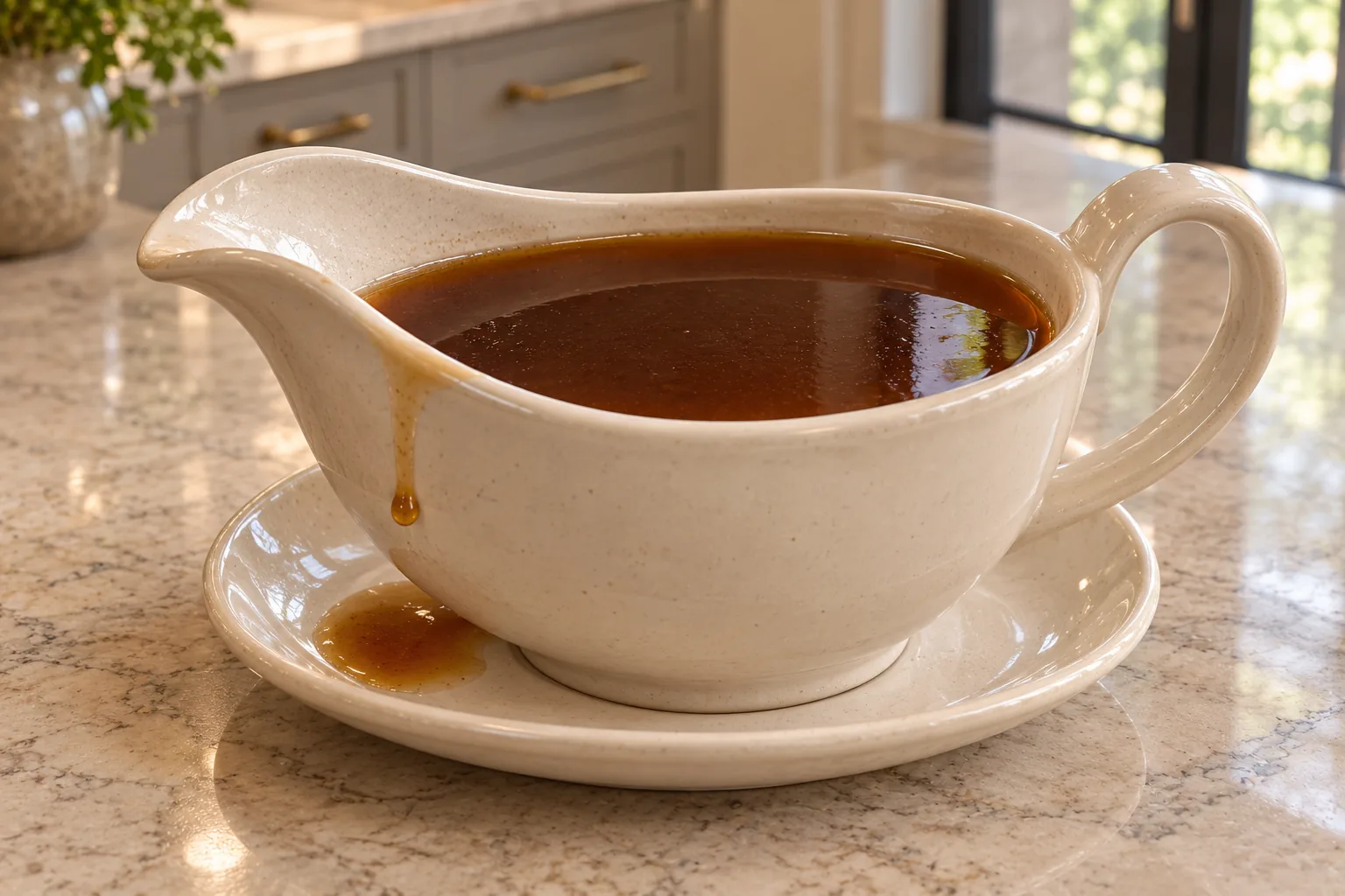 Clear glossy beef pan jus for Full GAPS in a cream ceramic gravy boat