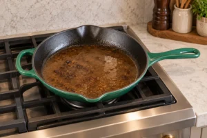 Homemade beef meat stock loosening browned fond in an Artichaut skillet for Full GAPS beef pan jus