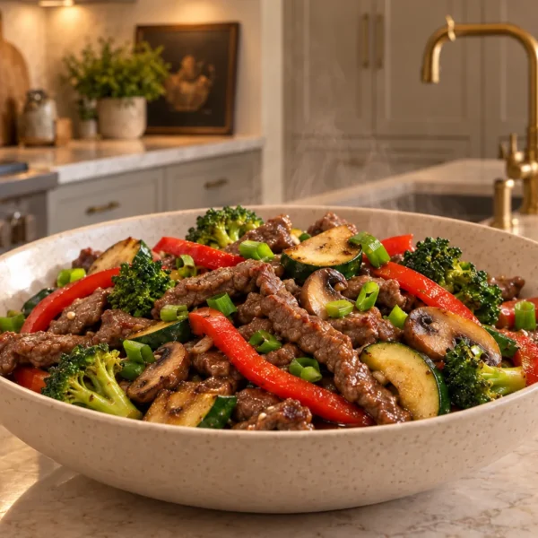 Full GAPS beef stir fry with thin steak, red bell pepper, broccoli, mushrooms, zucchini, and green onions