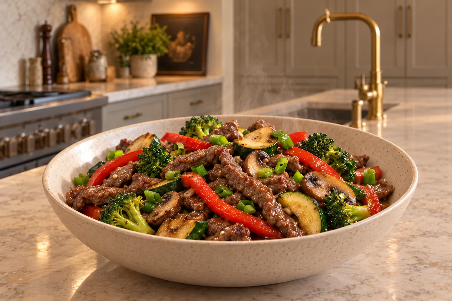 Full GAPS beef stir fry with thin steak, red bell pepper, broccoli, mushrooms, zucchini, and green onions