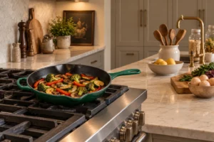 Red pepper, broccoli, mushrooms, zucchini, and green onion whites seared in a Le Creuset Artichaut skillet