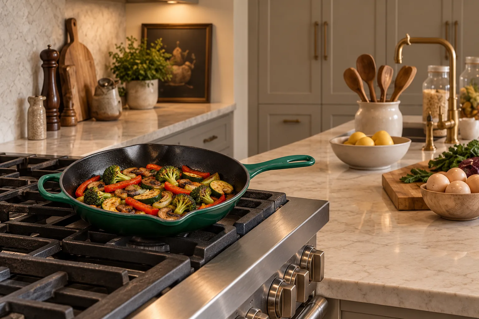 Red pepper, broccoli, mushrooms, zucchini, and green onion whites seared in a Le Creuset Artichaut skillet