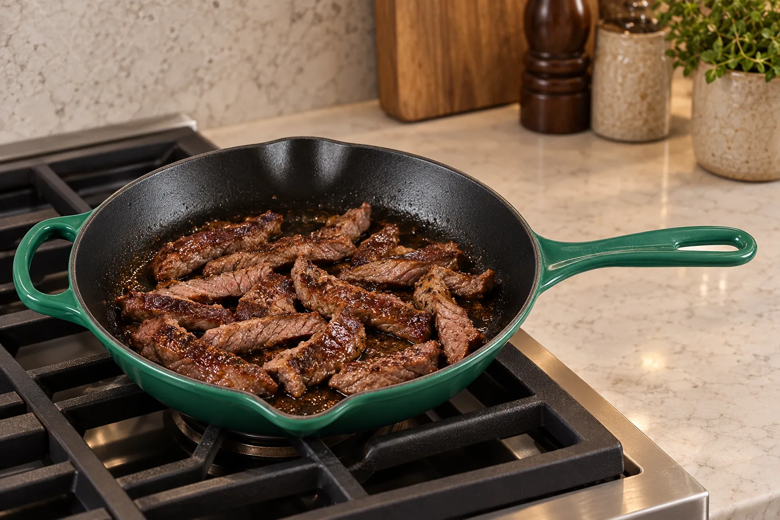 Thin skirt steak strips browned in a Le Creuset Artichaut skillet before vegetables and sauce return