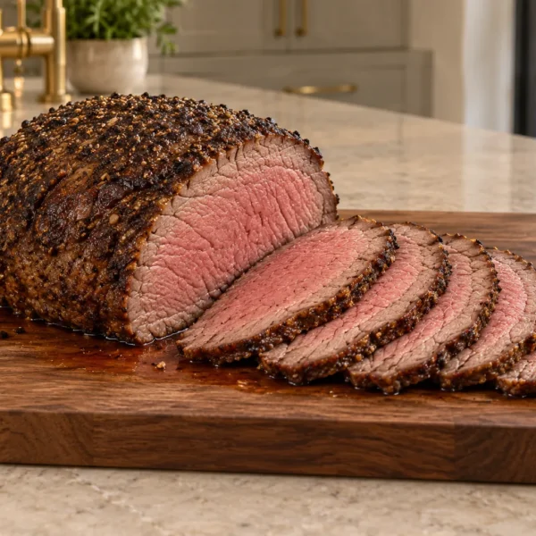 Sliced beef top round roast for Full GAPS on a walnut board in the WFLI kitchen
