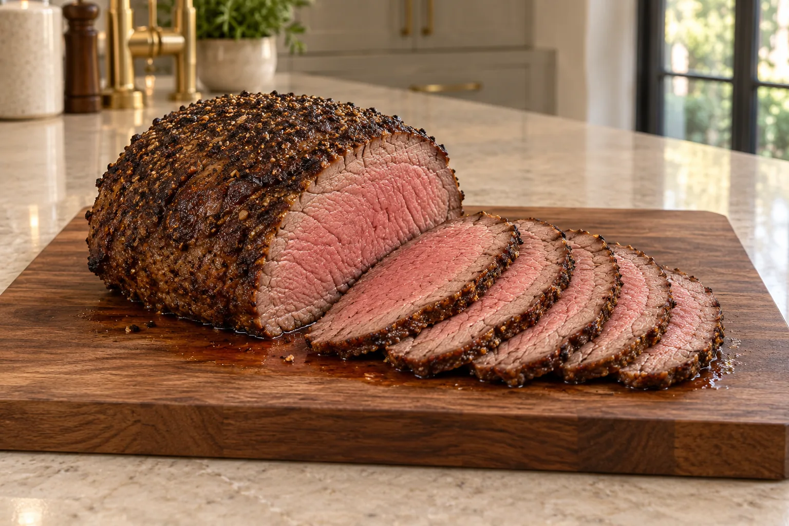 Sliced beef top round roast for Full GAPS on a walnut board in the WFLI kitchen
