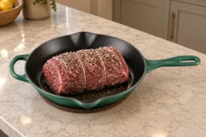Seasoned tied beef top round roast in an Artichaut skillet before searing for Full GAPS