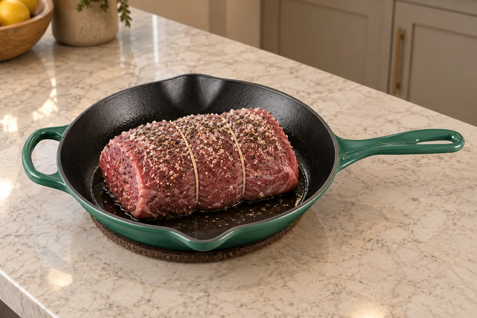 Seasoned tied beef top round roast in an Artichaut skillet before searing for Full GAPS