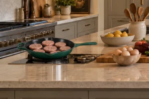 Raw beef and mashed-zucchini patties arranged in a cold Artichaut skillet