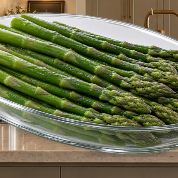 Close plain blanched asparagus for Full GAPS in a clear glass dish on the canonical WFLI counter