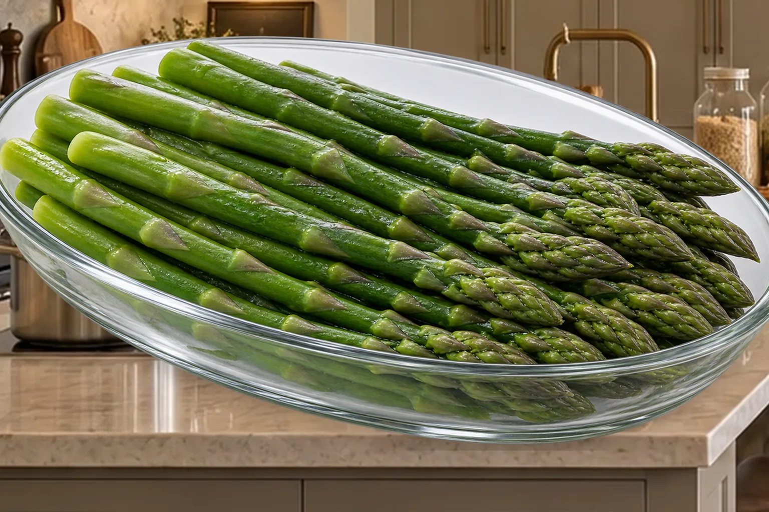 Close plain blanched asparagus for Full GAPS in a clear glass dish on the canonical WFLI counter